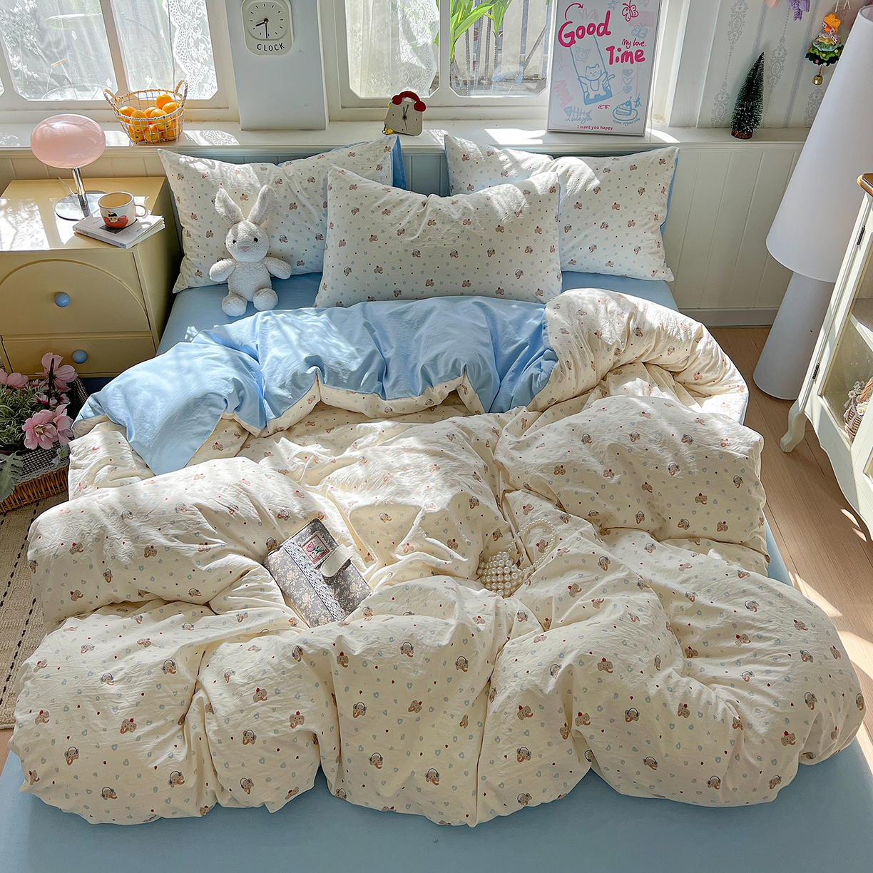 91家纺网 家纺一手货源 找家纺 凯洛奇 2026新款A类仿棉四件套古法水洗棉小清新印花四件套单被套系列 绅士小象