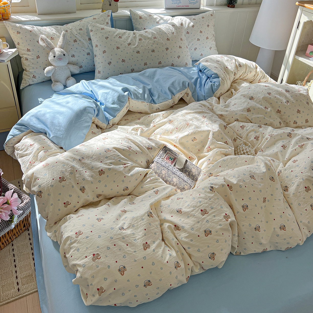 91家纺网 家纺一手货源 找家纺 凯洛奇 2026新款A类仿棉四件套古法水洗棉小清新印花四件套单被套系列 绅士小象