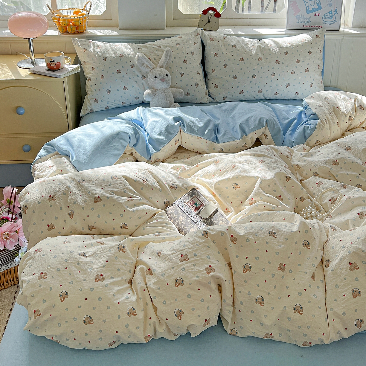 91家纺网 家纺一手货源 找家纺 凯洛奇 2026新款A类仿棉四件套古法水洗棉小清新印花四件套单被套系列 绅士小象