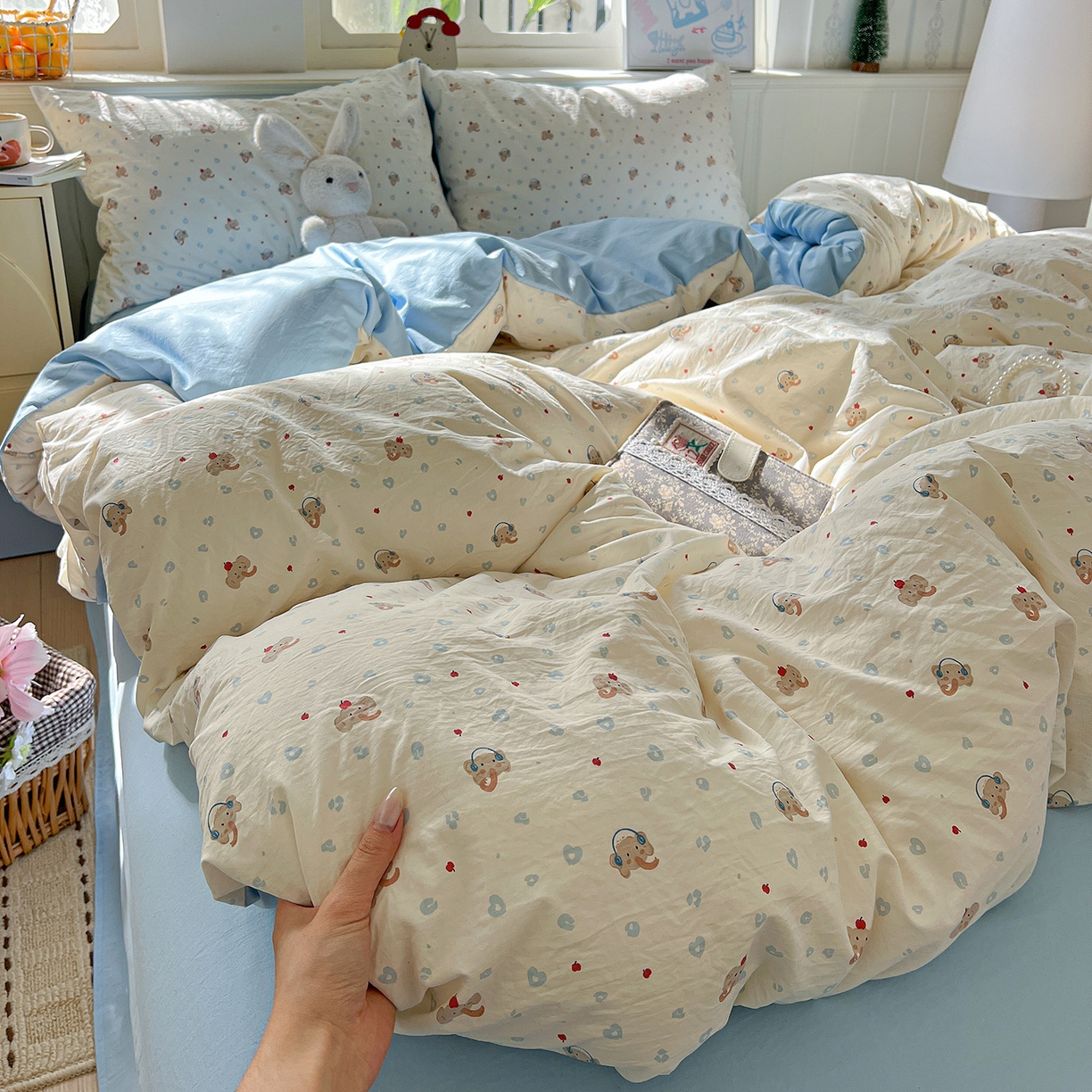 91家纺网 家纺一手货源 找家纺 凯洛奇 2026新款A类仿棉四件套古法水洗棉小清新印花四件套单被套系列 绅士小象