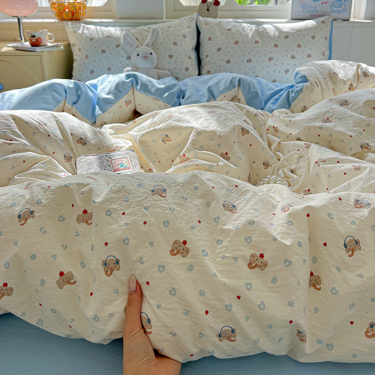 91家纺网 家纺一手货源 找家纺 凯洛奇 2026新款A类仿棉四件套古法水洗棉小清新印花四件套单被套系列 绅士小象