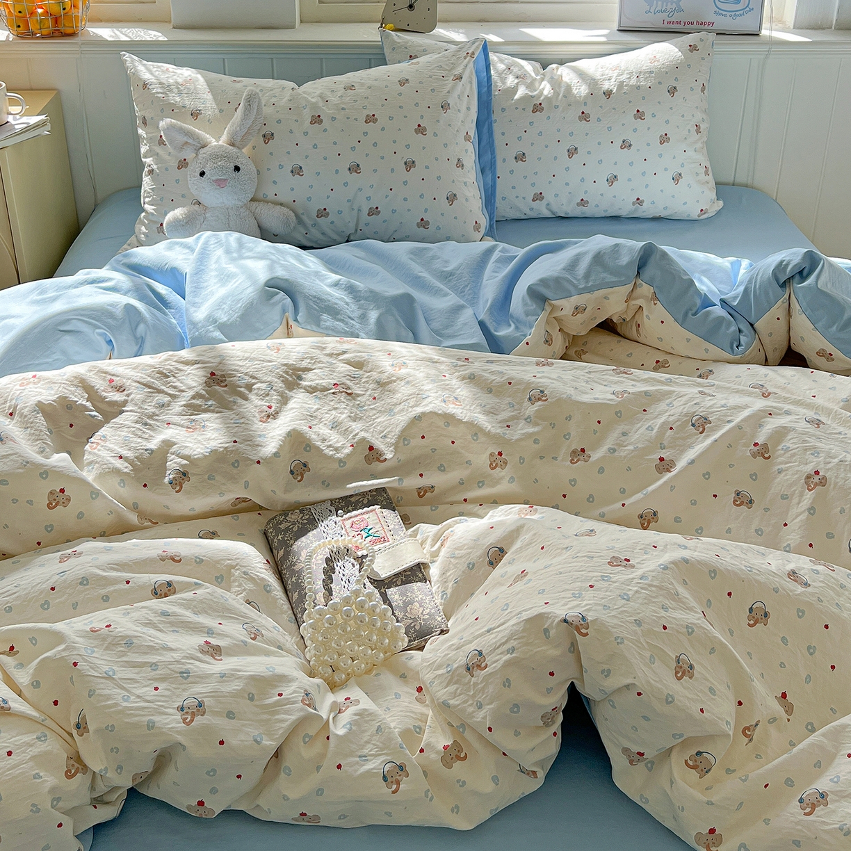 91家纺网 家纺一手货源 找家纺 凯洛奇 2026新款A类仿棉四件套古法水洗棉小清新印花四件套单被套系列 绅士小象