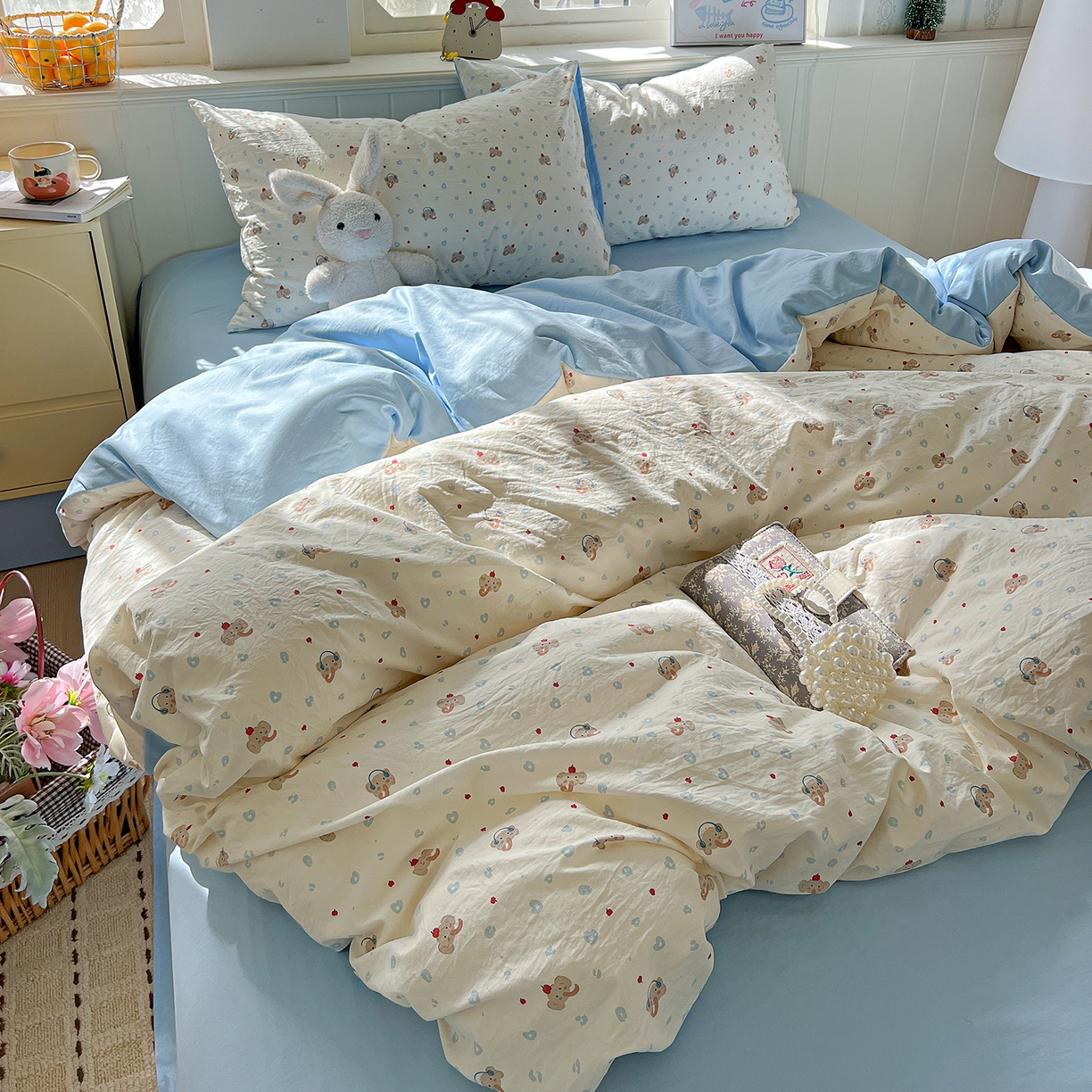 91家纺网 家纺一手货源 找家纺 凯洛奇 2026新款A类仿棉四件套古法水洗棉小清新印花四件套单被套系列 绅士小象