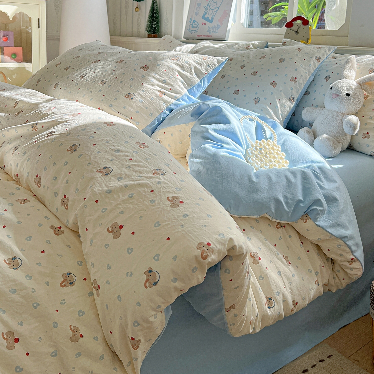 91家纺网 家纺一手货源 找家纺 凯洛奇 2026新款A类仿棉四件套古法水洗棉小清新印花四件套单被套系列 绅士小象