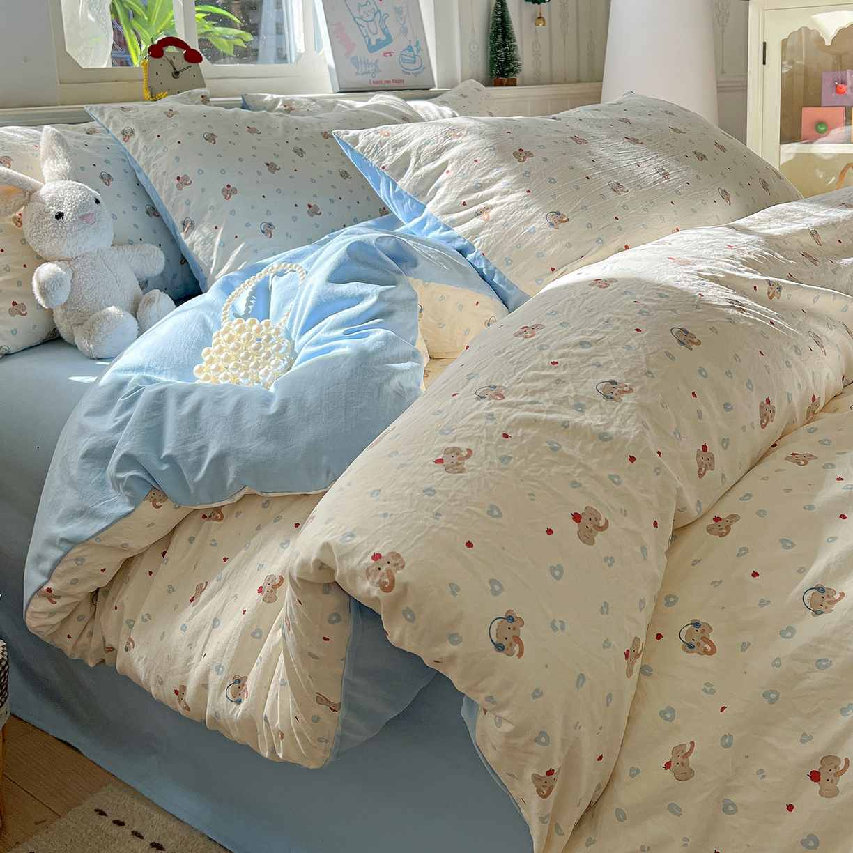 91家纺网 家纺一手货源 找家纺 凯洛奇 2026新款A类仿棉四件套古法水洗棉小清新印花四件套单被套系列 绅士小象