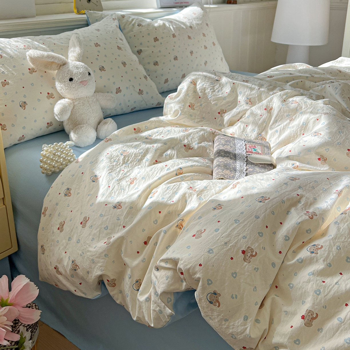 91家纺网 家纺一手货源 找家纺 凯洛奇 2026新款A类仿棉四件套古法水洗棉小清新印花四件套单被套系列 绅士小象