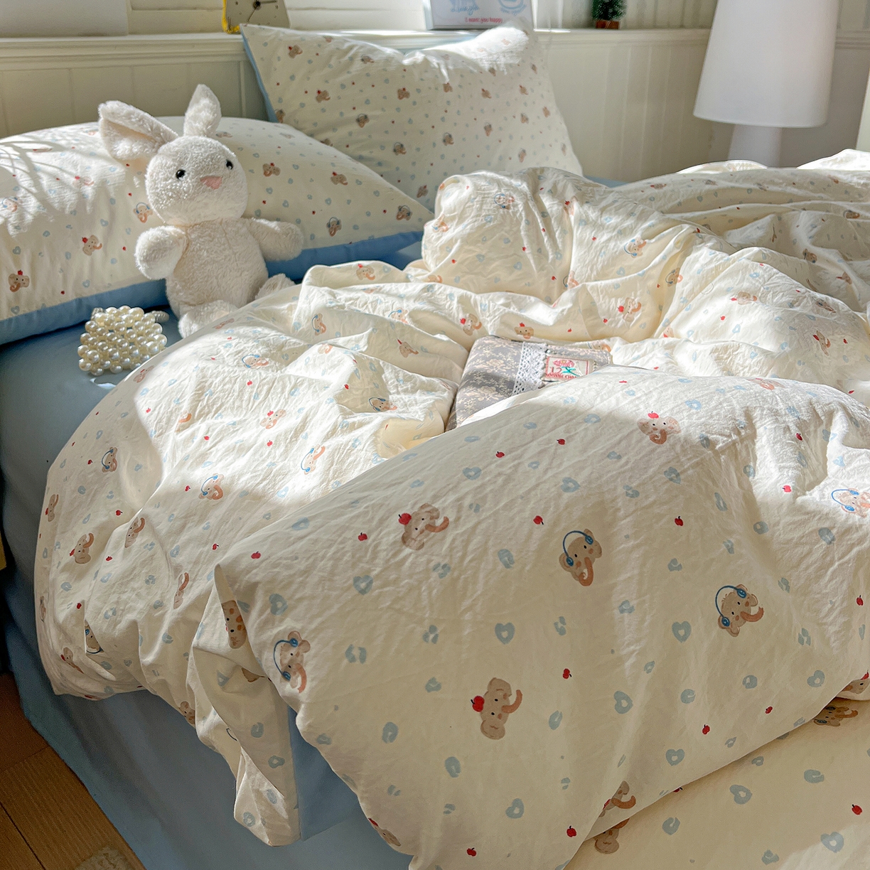 91家纺网 家纺一手货源 找家纺 凯洛奇 2026新款A类仿棉四件套古法水洗棉小清新印花四件套单被套系列 绅士小象