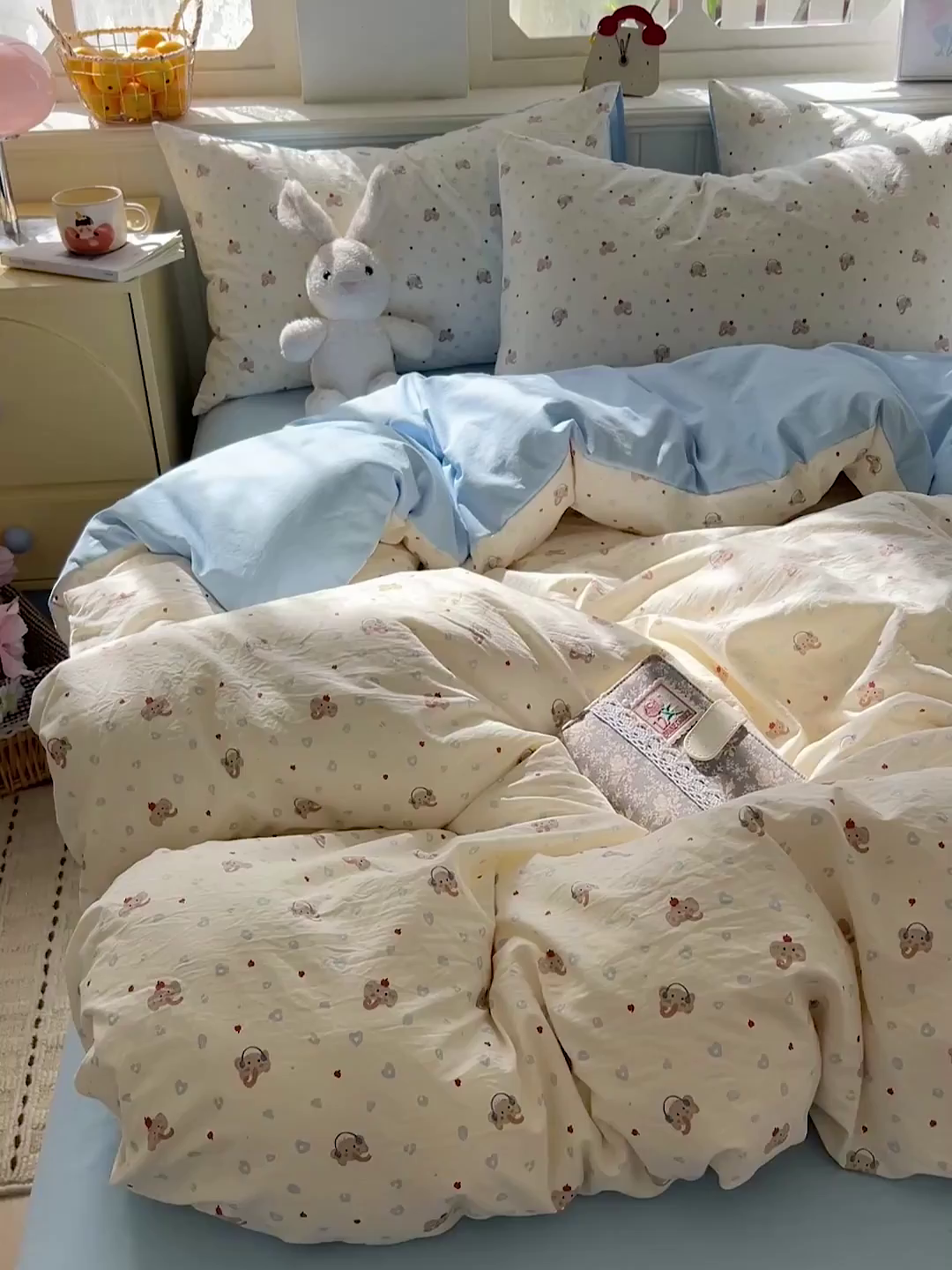 91家纺网 家纺一手货源 找家纺 凯洛奇 2026新款A类仿棉四件套古法水洗棉小清新印花四件套单被套系列 绅士小象