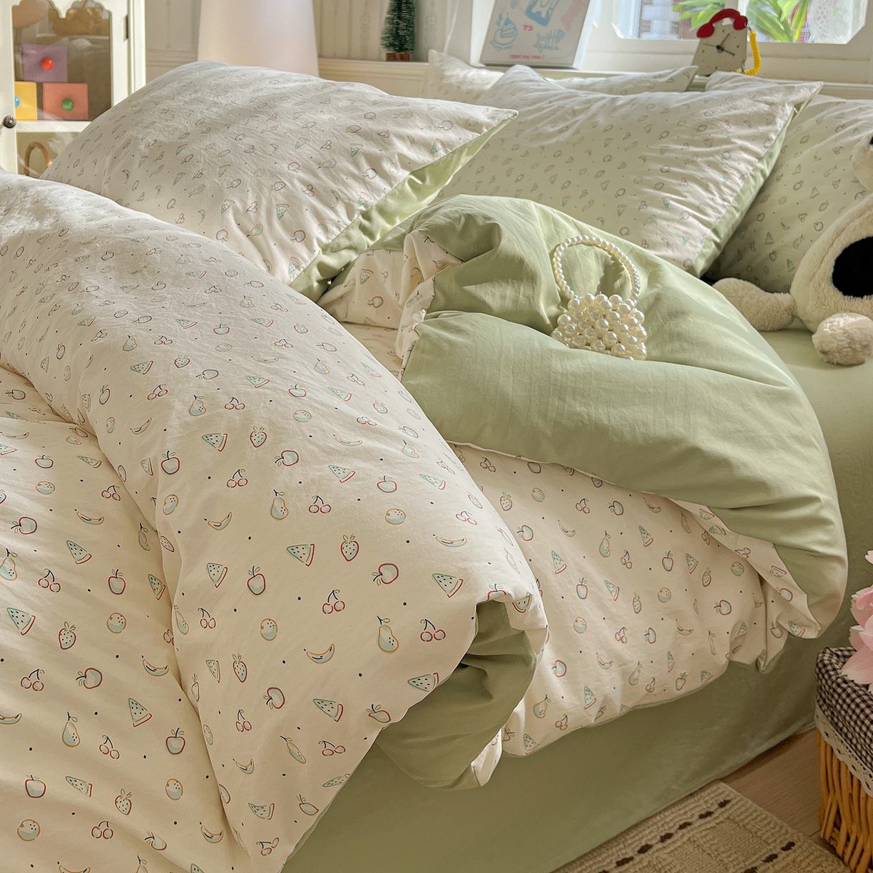 91家纺网 家纺一手货源 找家纺 凯洛奇 2026新款A类仿棉四件套古法水洗棉小清新印花四件套单被套系列 硕果累累