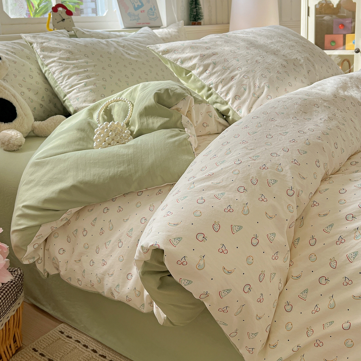 91家纺网 家纺一手货源 找家纺 凯洛奇 2026新款A类仿棉四件套古法水洗棉小清新印花四件套单被套系列 硕果累累