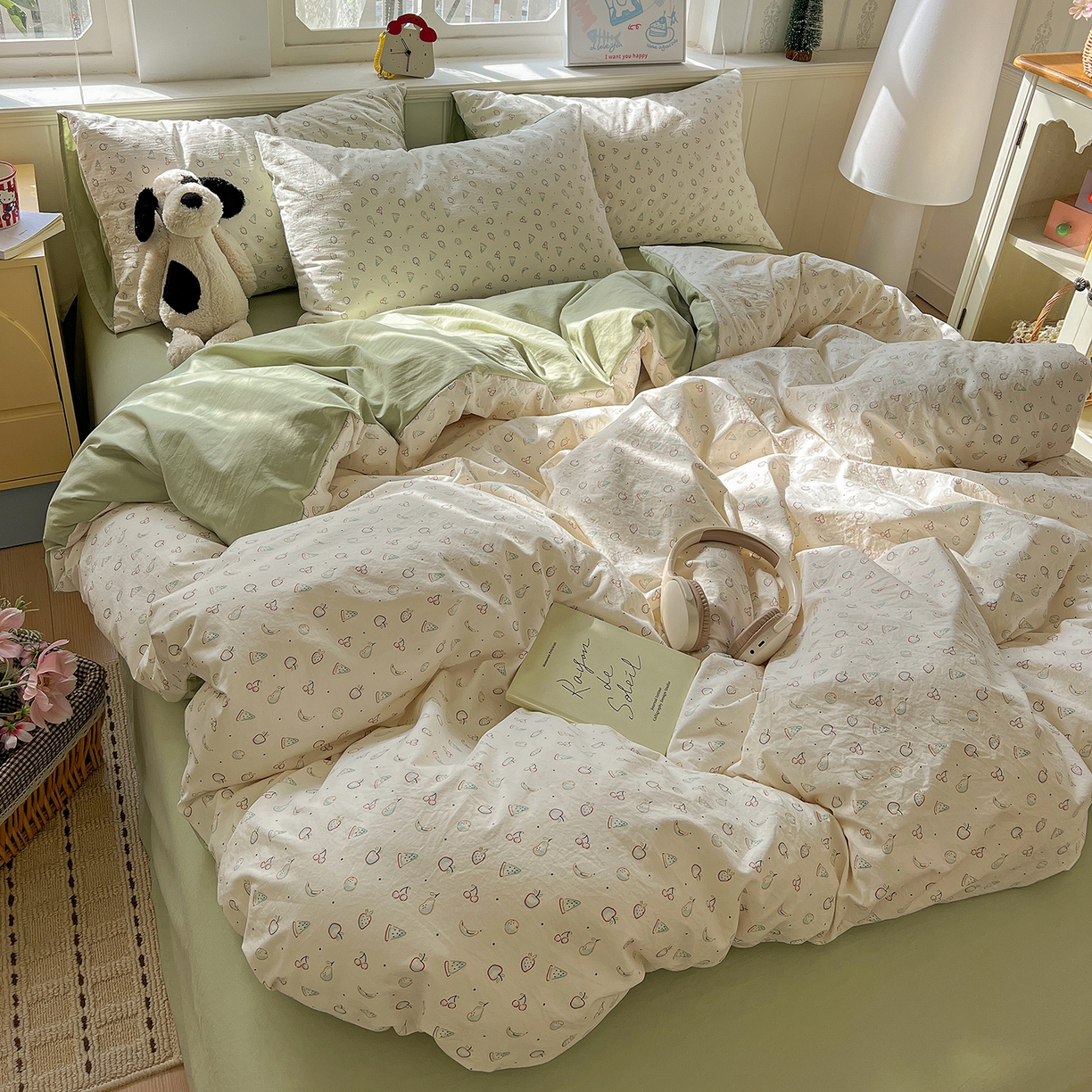 91家纺网 家纺一手货源 找家纺 凯洛奇 2026新款A类仿棉四件套古法水洗棉小清新印花四件套单被套系列 硕果累累