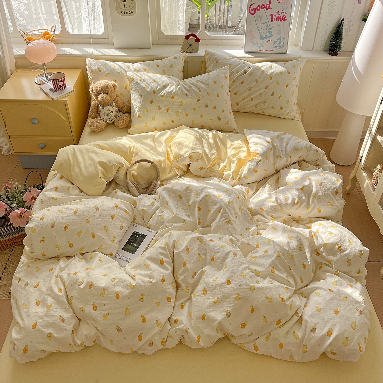 91家纺网 家纺一手货源 找家纺 凯洛奇 2026新款A类仿棉四件套古法水洗棉小清新印花四件套单被套系列 甜心菠萝