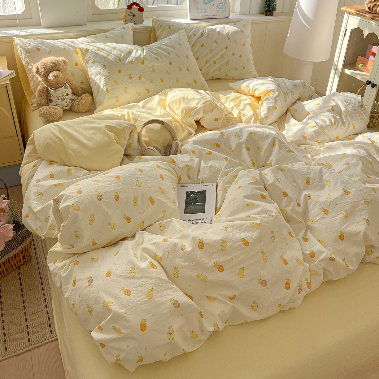 91家纺网 家纺一手货源 找家纺 凯洛奇 2026新款A类仿棉四件套古法水洗棉小清新印花四件套单被套系列 甜心菠萝