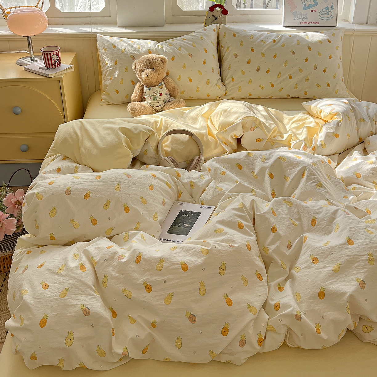 91家纺网 家纺一手货源 找家纺 凯洛奇 2026新款A类仿棉四件套古法水洗棉小清新印花四件套单被套系列 甜心菠萝