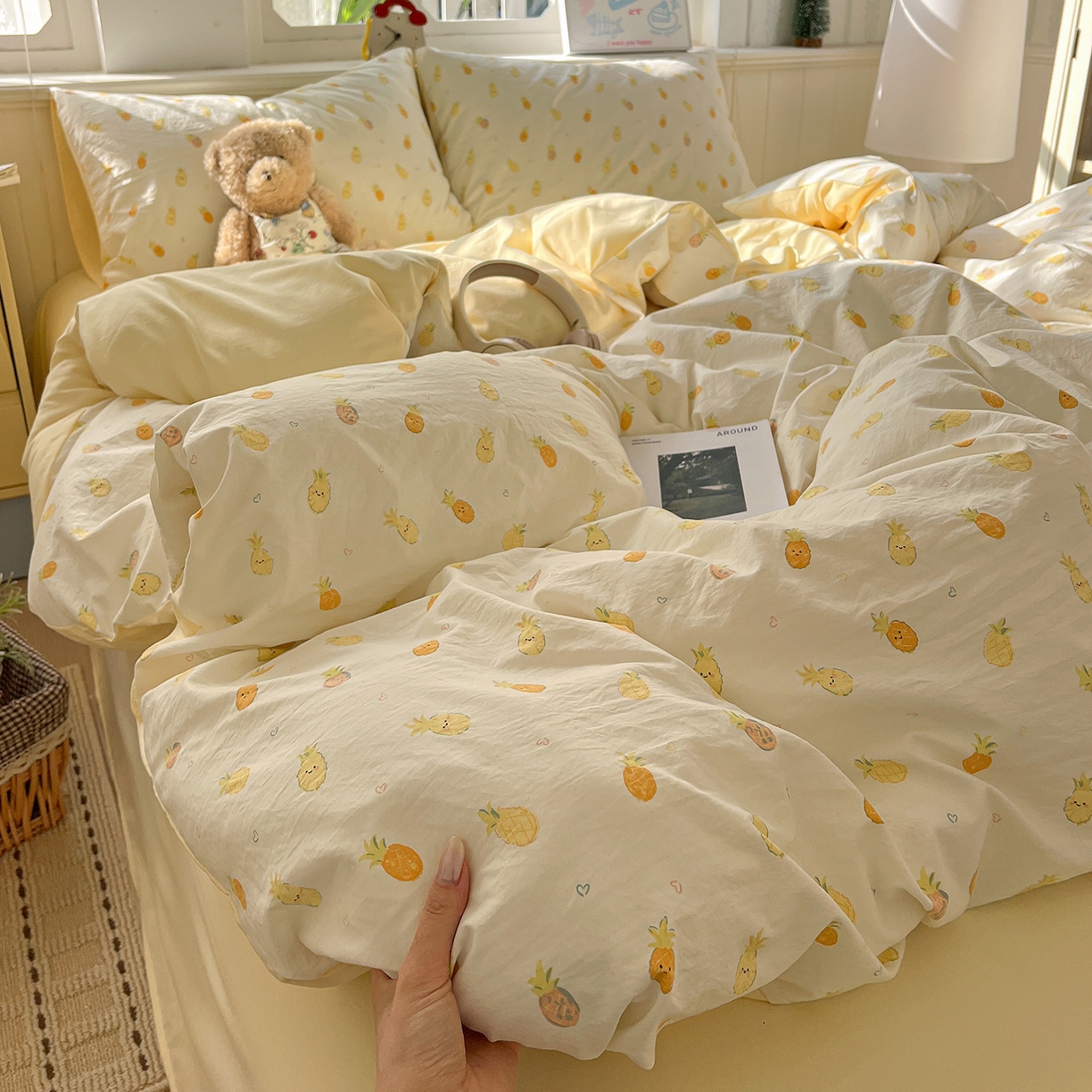 91家纺网 家纺一手货源 找家纺 凯洛奇 2026新款A类仿棉四件套古法水洗棉小清新印花四件套单被套系列 甜心菠萝