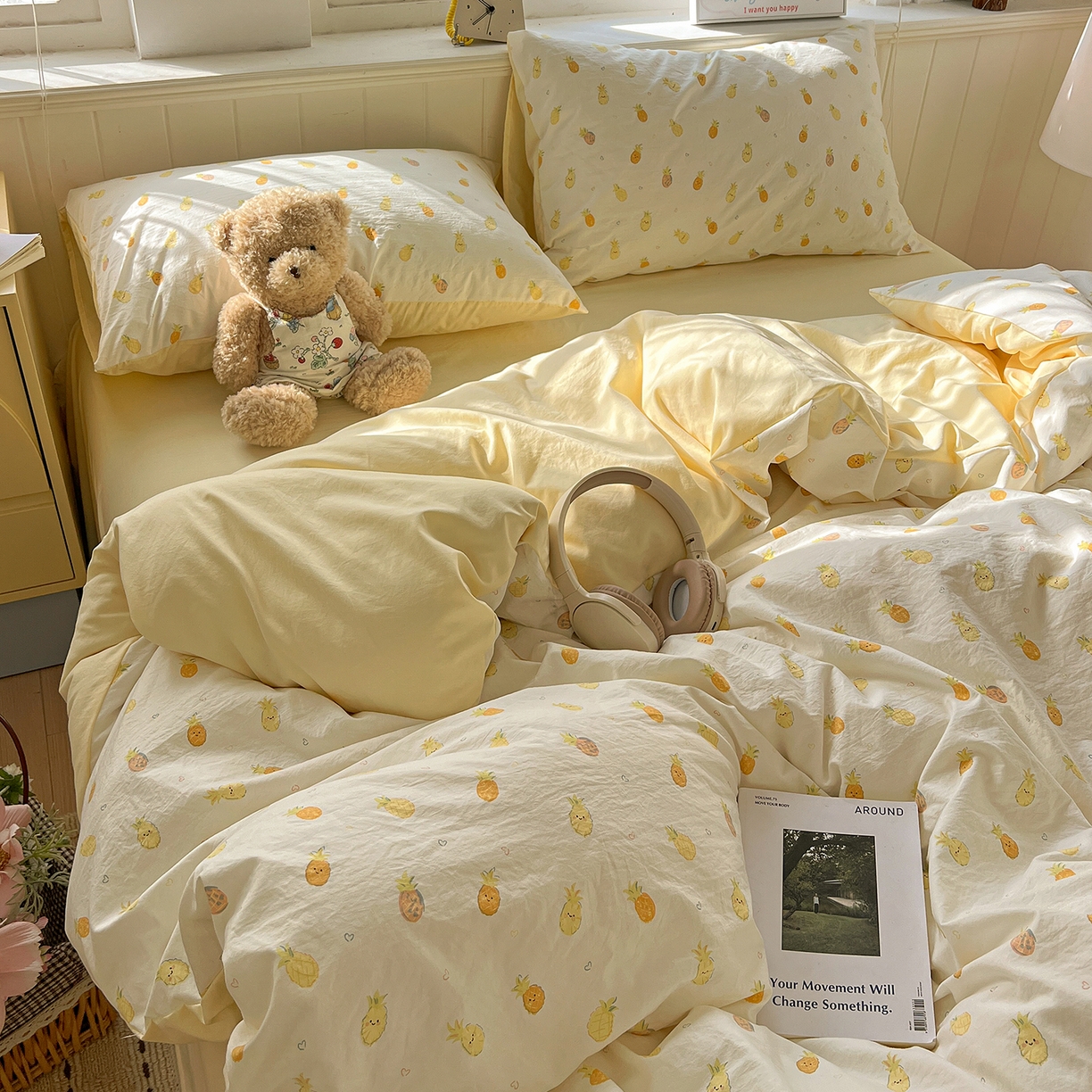 91家纺网 家纺一手货源 找家纺 凯洛奇 2026新款A类仿棉四件套古法水洗棉小清新印花四件套单被套系列 甜心菠萝