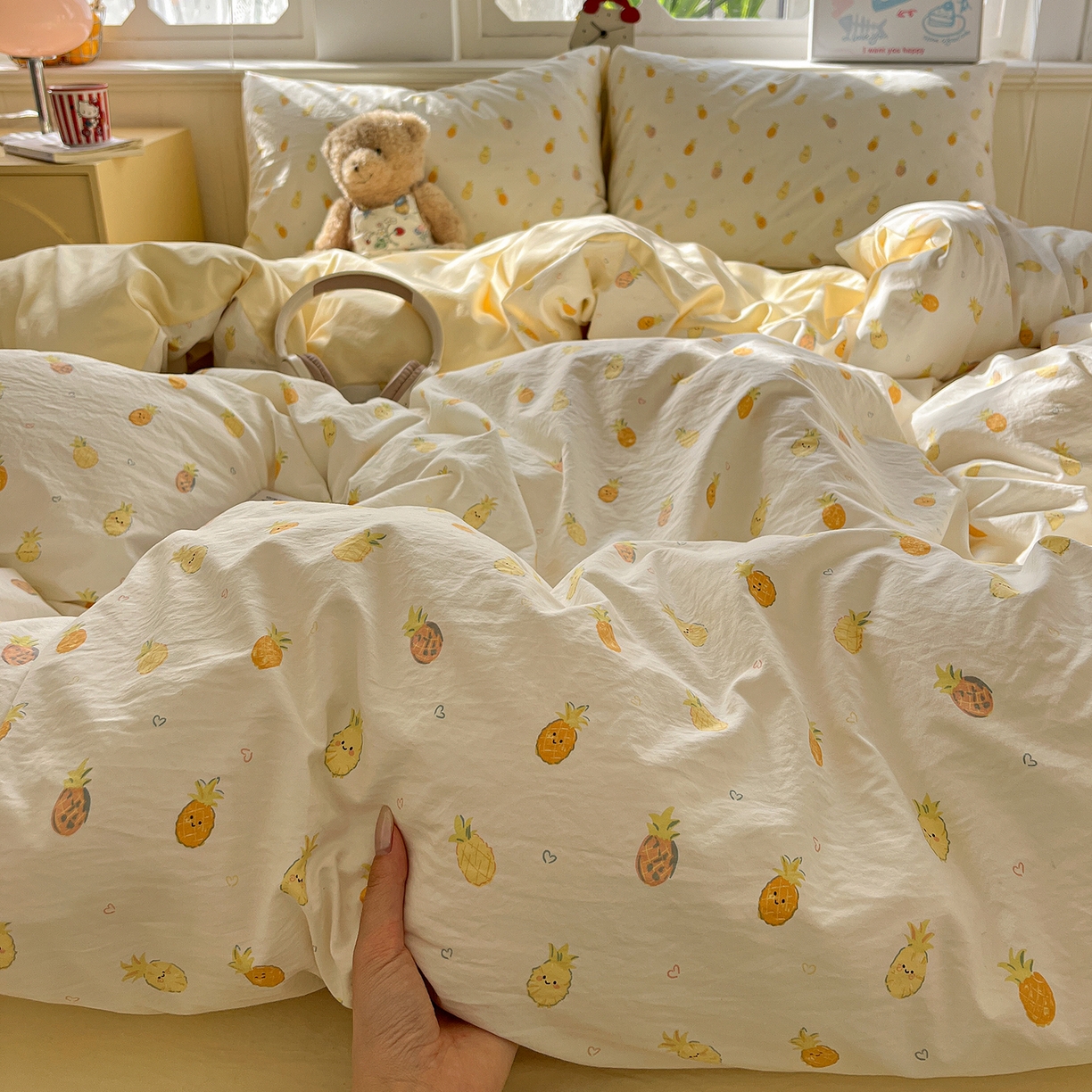 91家纺网 家纺一手货源 找家纺 凯洛奇 2026新款A类仿棉四件套古法水洗棉小清新印花四件套单被套系列 甜心菠萝