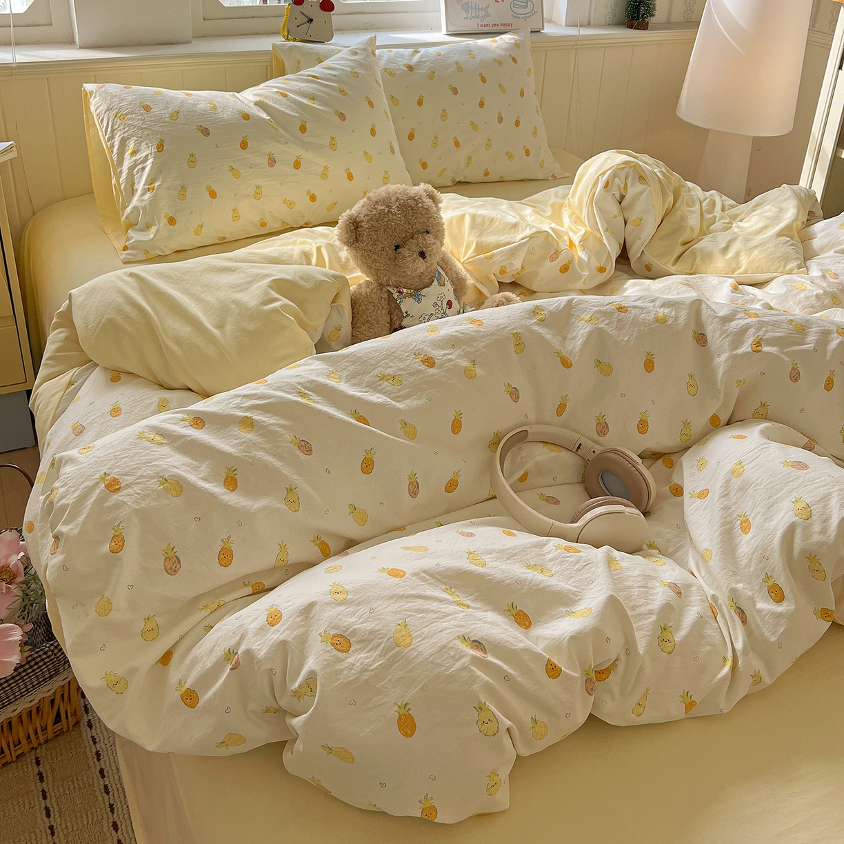 91家纺网 家纺一手货源 找家纺 凯洛奇 2026新款A类仿棉四件套古法水洗棉小清新印花四件套单被套系列 甜心菠萝