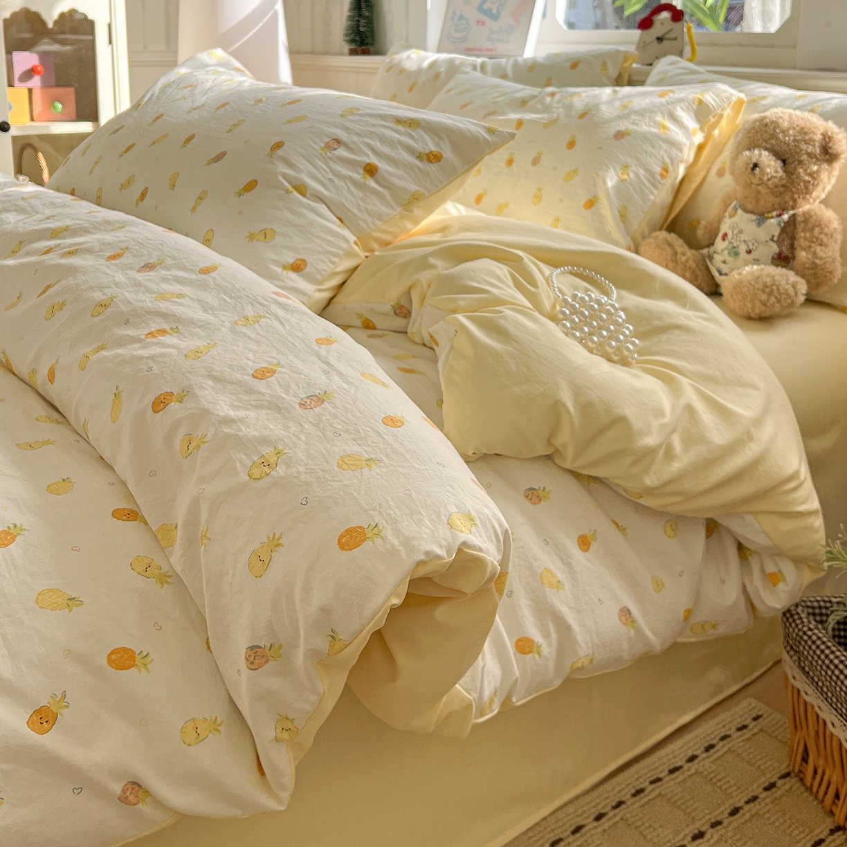 91家纺网 家纺一手货源 找家纺 凯洛奇 2026新款A类仿棉四件套古法水洗棉小清新印花四件套单被套系列 甜心菠萝