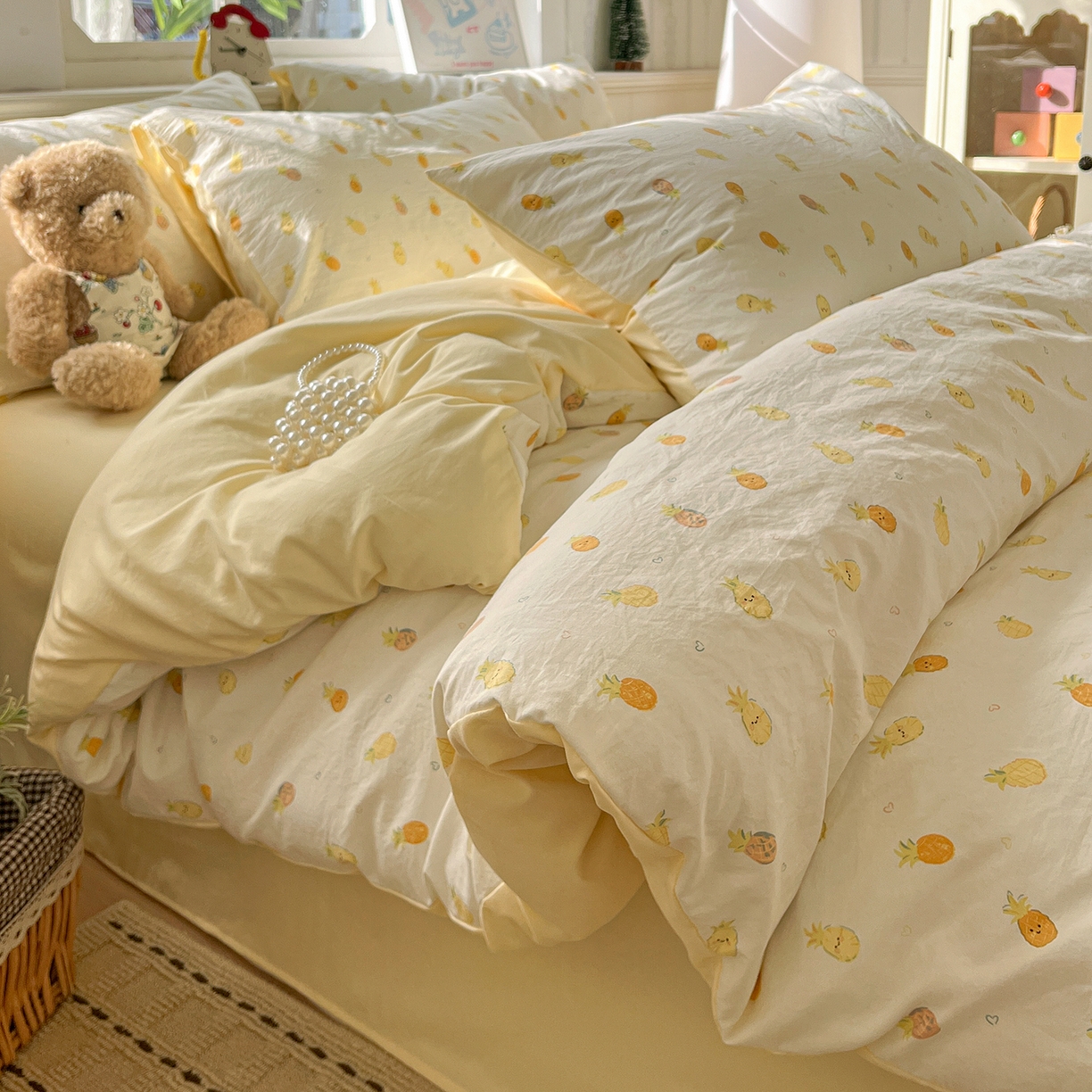 91家纺网 家纺一手货源 找家纺 凯洛奇 2026新款A类仿棉四件套古法水洗棉小清新印花四件套单被套系列 甜心菠萝