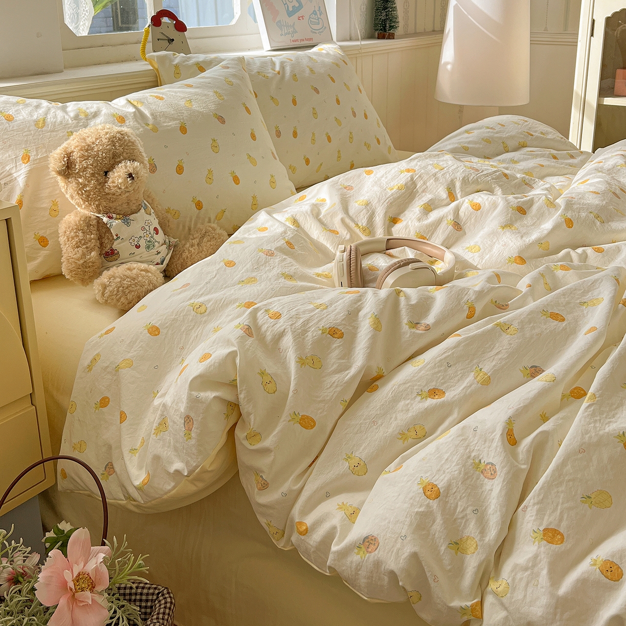 91家纺网 家纺一手货源 找家纺 凯洛奇 2026新款A类仿棉四件套古法水洗棉小清新印花四件套单被套系列 甜心菠萝