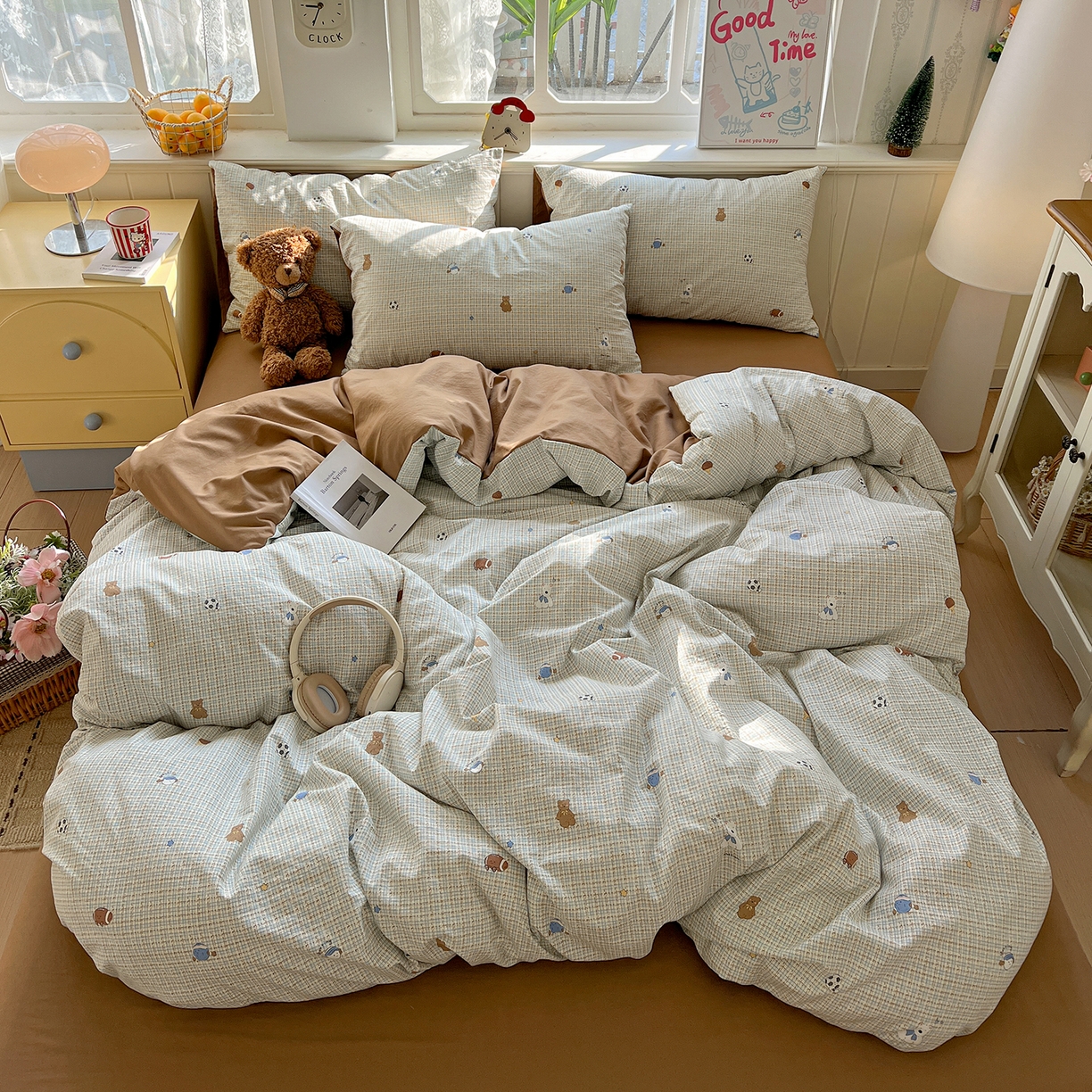 91家纺网 家纺一手货源 找家纺 凯洛奇 2026新款A类仿棉四件套古法水洗棉小清新印花四件套单被套系列 熊熊奶冻