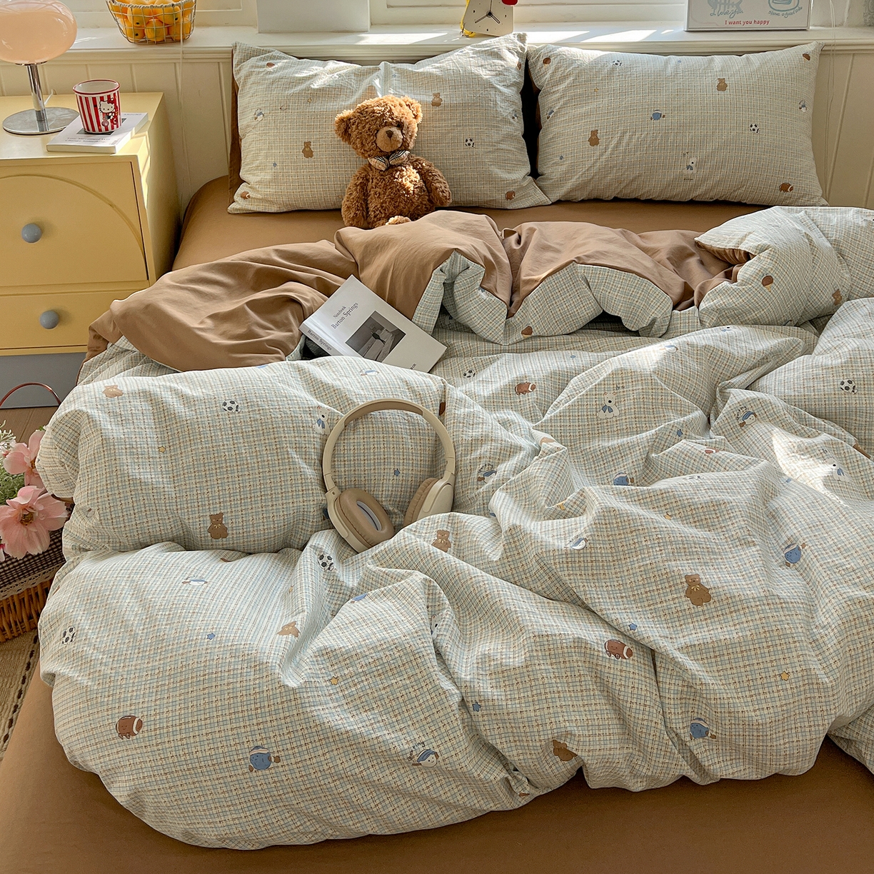 91家纺网 家纺一手货源 找家纺 凯洛奇 2026新款A类仿棉四件套古法水洗棉小清新印花四件套单被套系列 熊熊奶冻