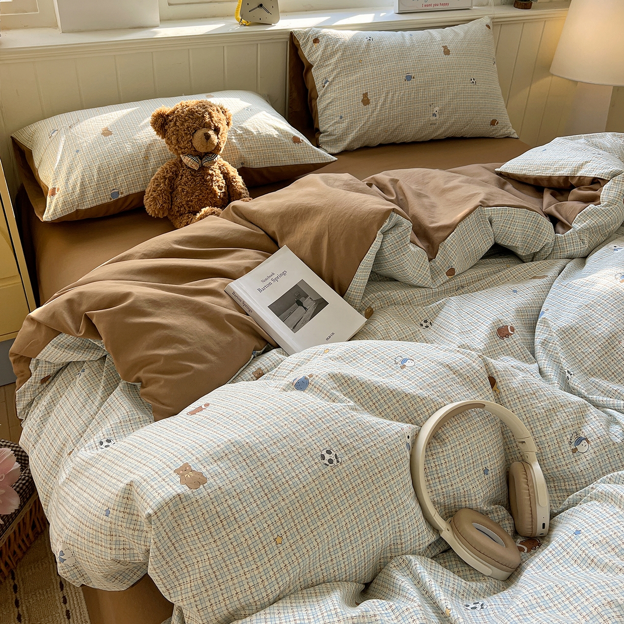 91家纺网 家纺一手货源 找家纺 凯洛奇 2026新款A类仿棉四件套古法水洗棉小清新印花四件套单被套系列 熊熊奶冻