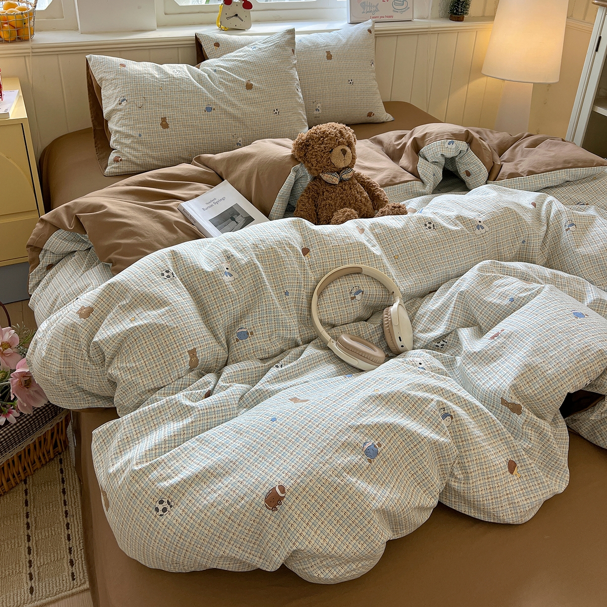 91家纺网 家纺一手货源 找家纺 凯洛奇 2026新款A类仿棉四件套古法水洗棉小清新印花四件套单被套系列 熊熊奶冻