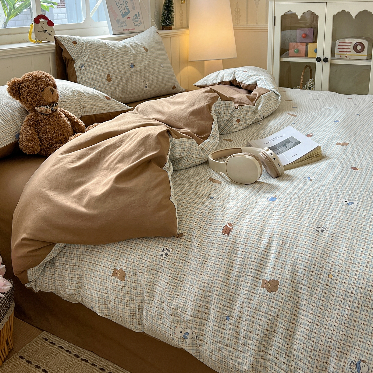 91家纺网 家纺一手货源 找家纺 凯洛奇 2026新款A类仿棉四件套古法水洗棉小清新印花四件套单被套系列 熊熊奶冻