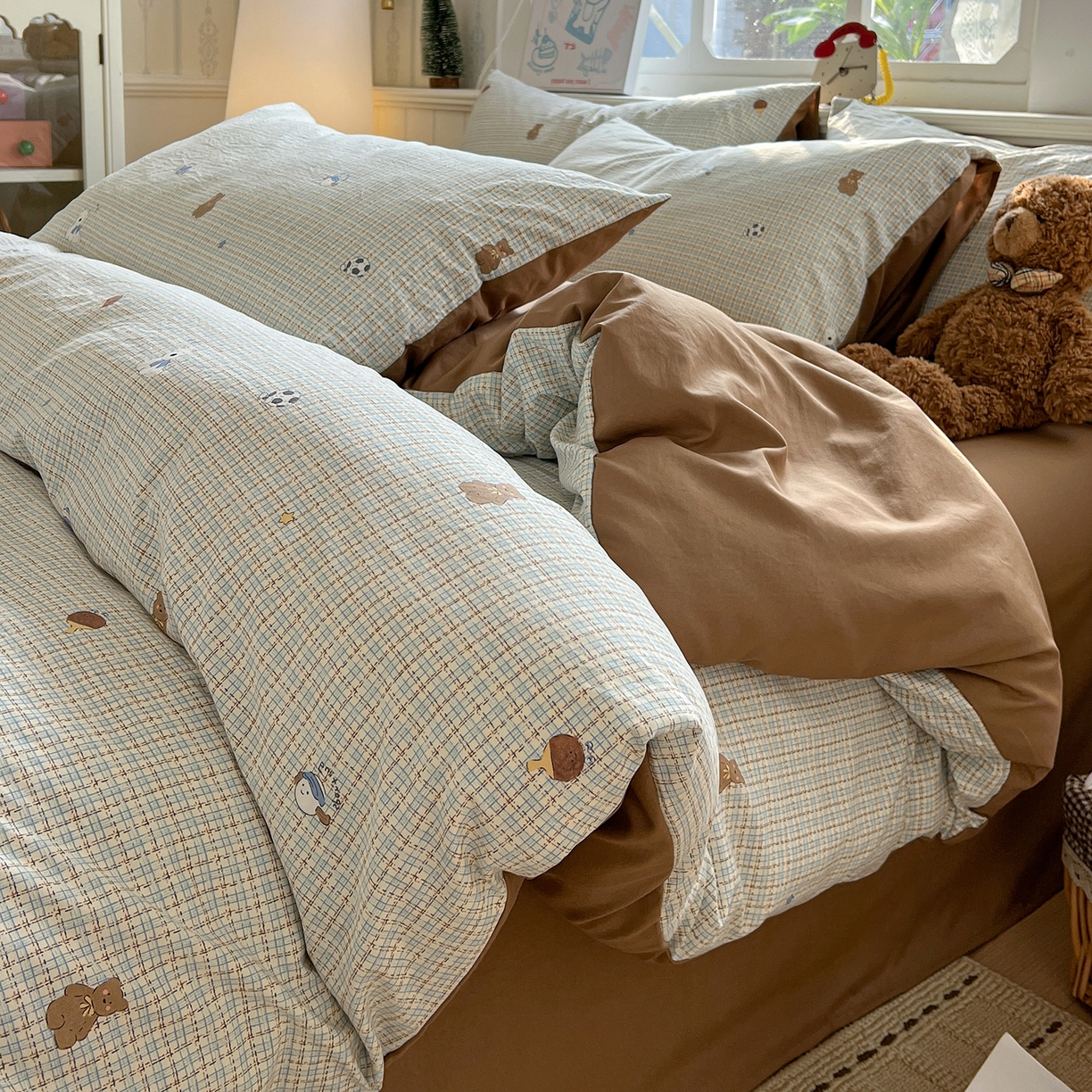 91家纺网 家纺一手货源 找家纺 凯洛奇 2026新款A类仿棉四件套古法水洗棉小清新印花四件套单被套系列 熊熊奶冻