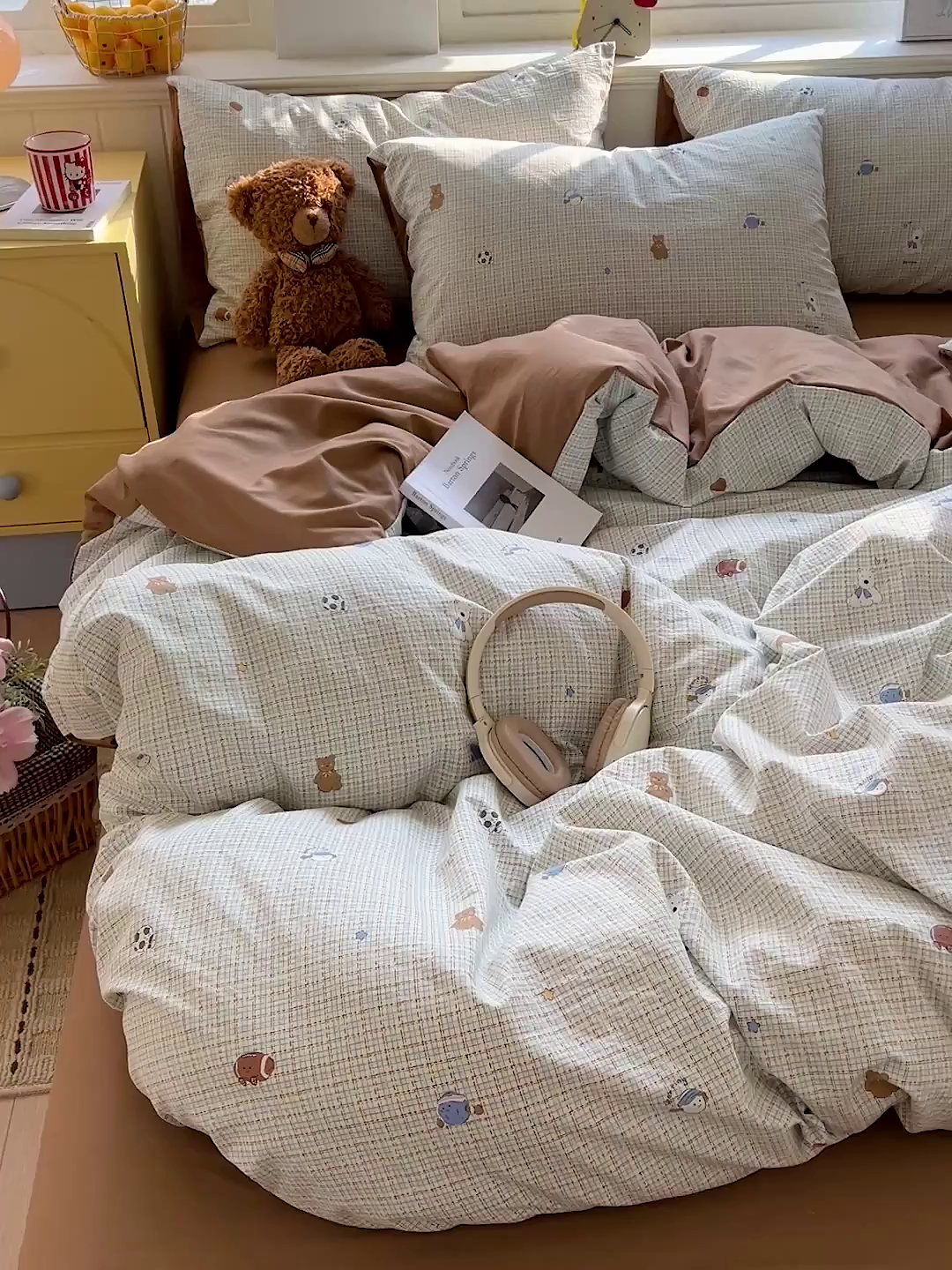 91家纺网 家纺一手货源 找家纺 凯洛奇 2026新款A类仿棉四件套古法水洗棉小清新印花四件套单被套系列 熊熊奶冻