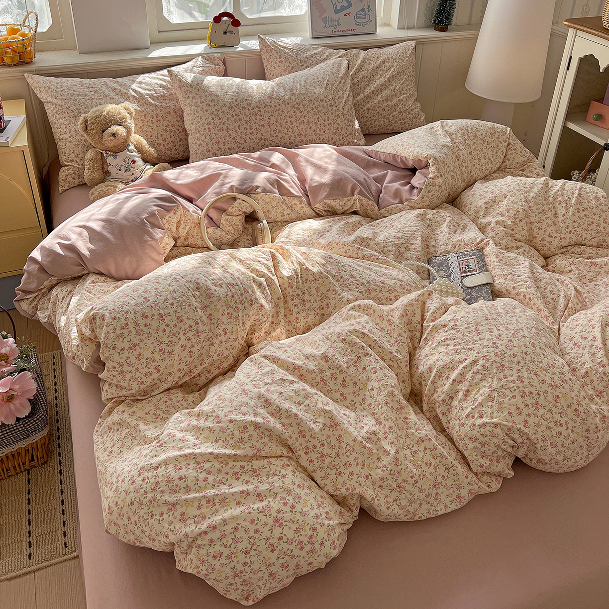 91家纺网 家纺一手货源 找家纺 凯洛奇 2026新款A类仿棉四件套古法水洗棉小清新印花四件套单被套系列 樱姿