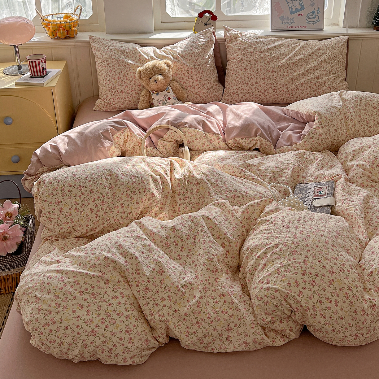 91家纺网 家纺一手货源 找家纺 凯洛奇 2026新款A类仿棉四件套古法水洗棉小清新印花四件套单被套系列 樱姿