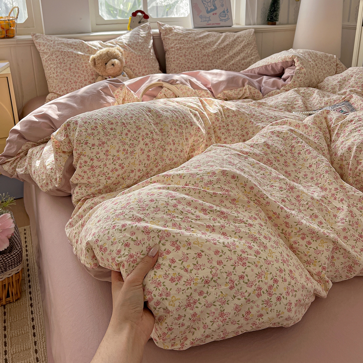 91家纺网 家纺一手货源 找家纺 凯洛奇 2026新款A类仿棉四件套古法水洗棉小清新印花四件套单被套系列 樱姿