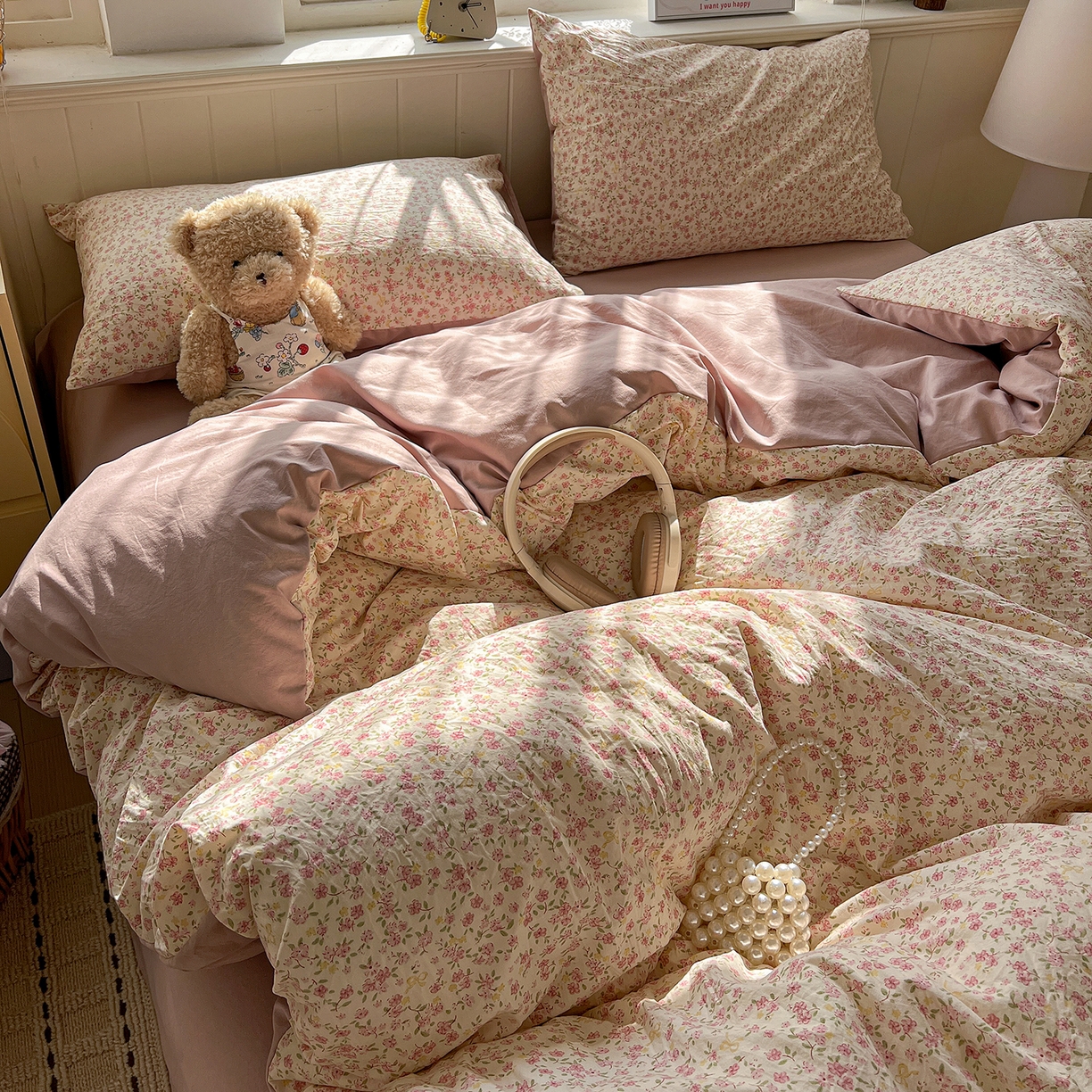 91家纺网 家纺一手货源 找家纺 凯洛奇 2026新款A类仿棉四件套古法水洗棉小清新印花四件套单被套系列 樱姿