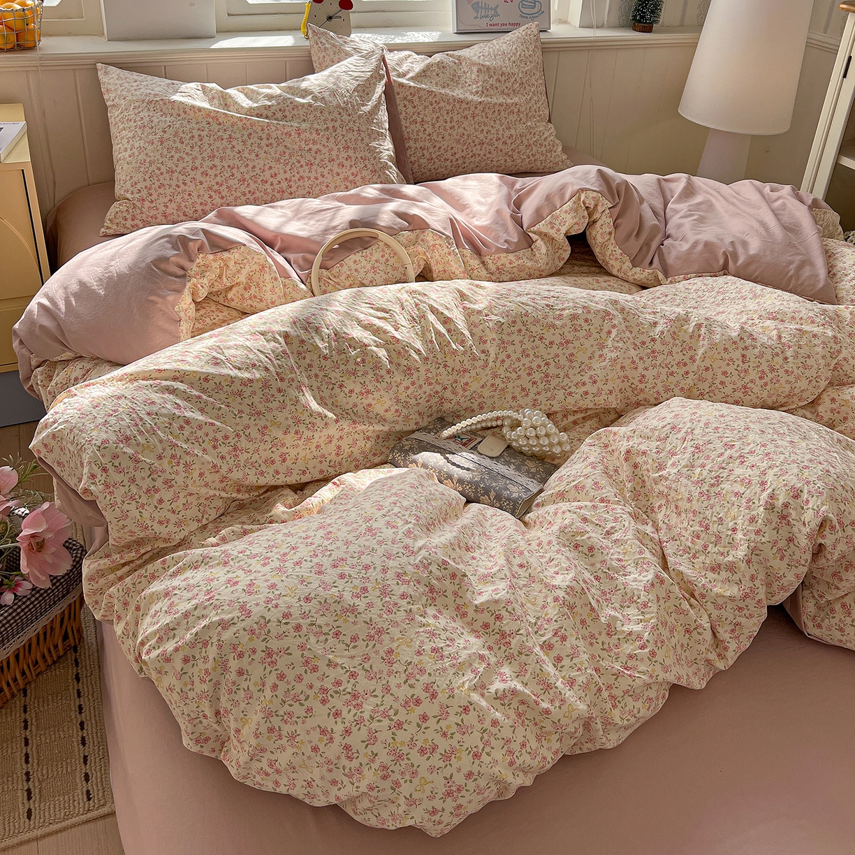 91家纺网 家纺一手货源 找家纺 凯洛奇 2026新款A类仿棉四件套古法水洗棉小清新印花四件套单被套系列 樱姿