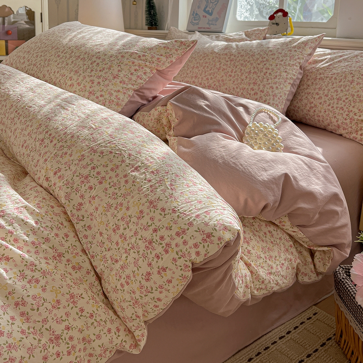 91家纺网 家纺一手货源 找家纺 凯洛奇 2026新款A类仿棉四件套古法水洗棉小清新印花四件套单被套系列 樱姿