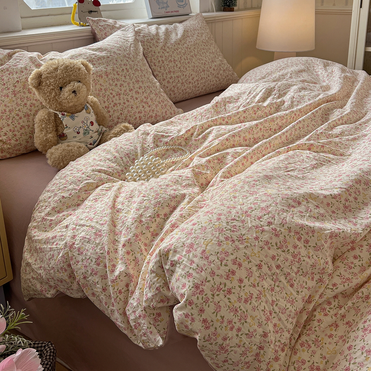 91家纺网 家纺一手货源 找家纺 凯洛奇 2026新款A类仿棉四件套古法水洗棉小清新印花四件套单被套系列 樱姿