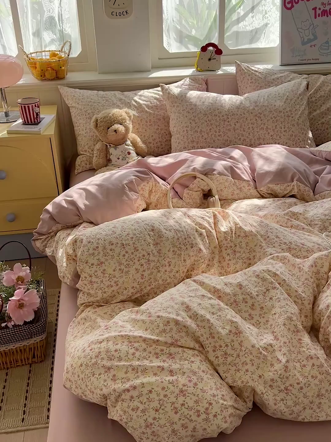 91家纺网 家纺一手货源 找家纺 凯洛奇 2026新款A类仿棉四件套古法水洗棉小清新印花四件套单被套系列 樱姿