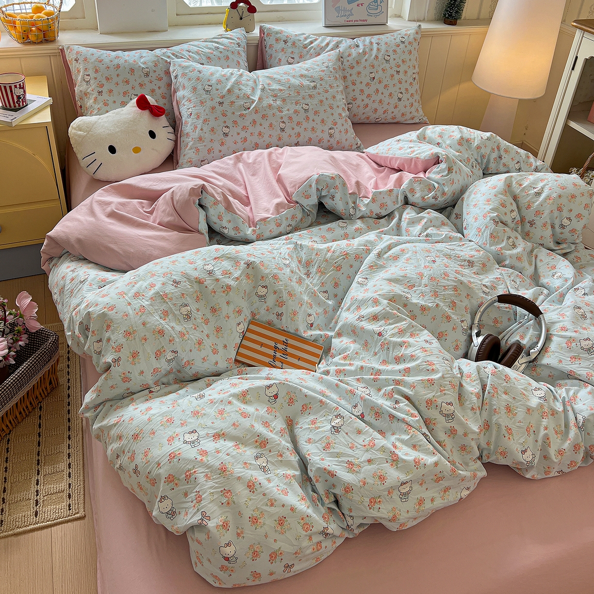 91家纺网 家纺一手货源 找家纺 凯洛奇 2026新款A类仿棉四件套古法水洗棉小清新印花四件套单被套系列 KT喵