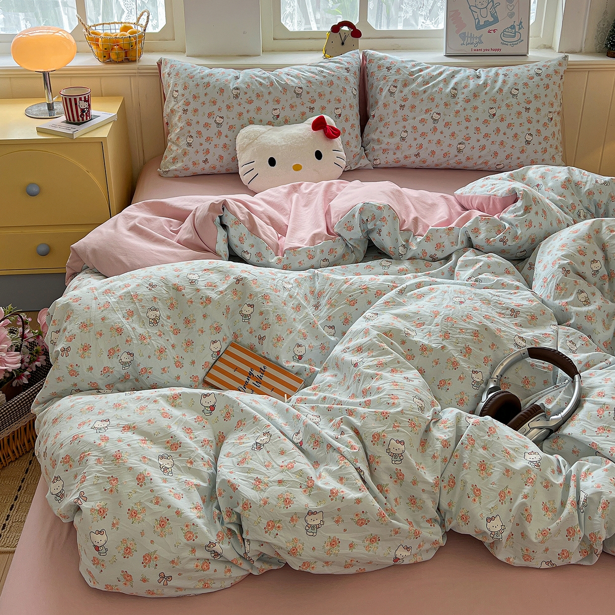 91家纺网 家纺一手货源 找家纺 凯洛奇 2026新款A类仿棉四件套古法水洗棉小清新印花四件套单被套系列 KT喵