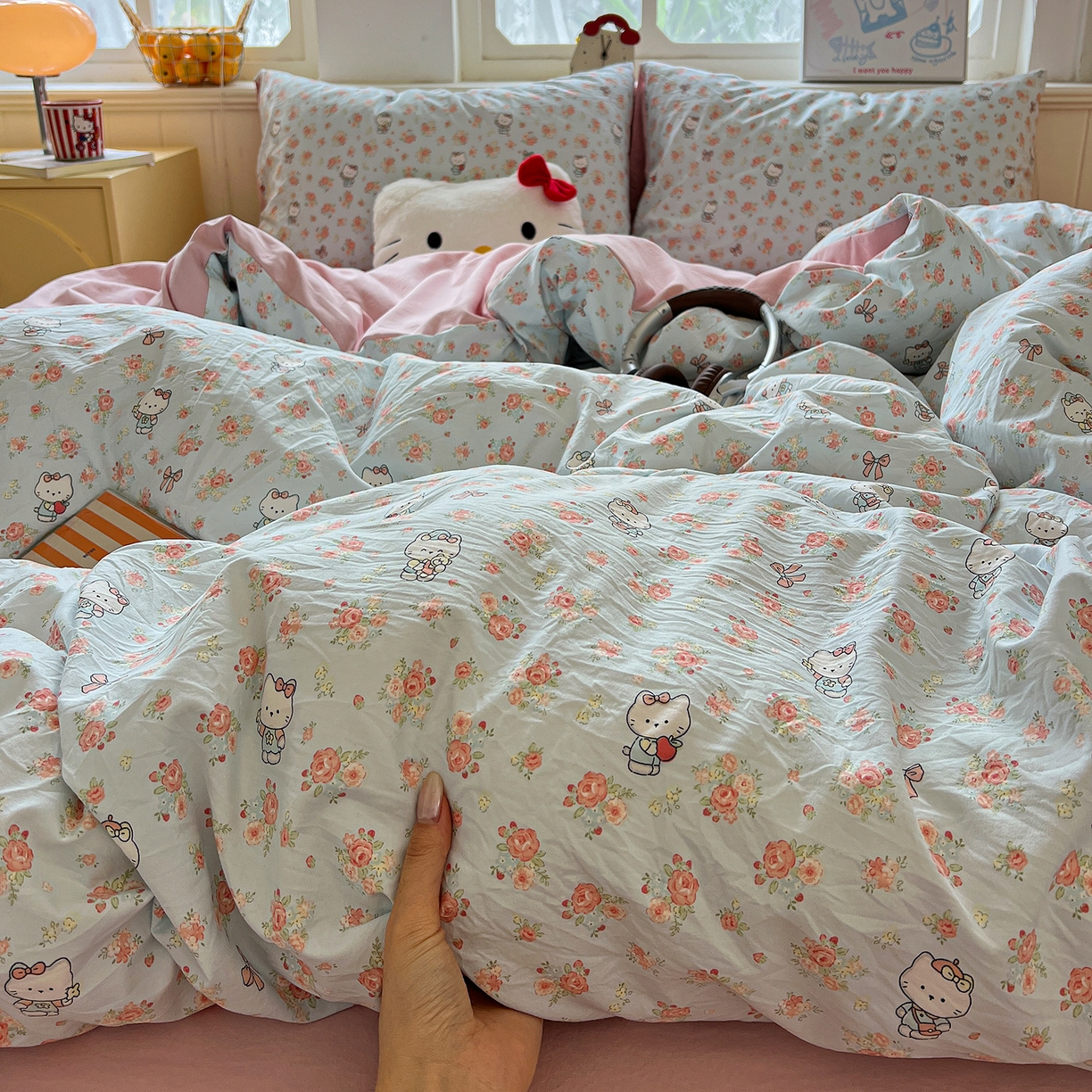 91家纺网 家纺一手货源 找家纺 凯洛奇 2026新款A类仿棉四件套古法水洗棉小清新印花四件套单被套系列 KT喵