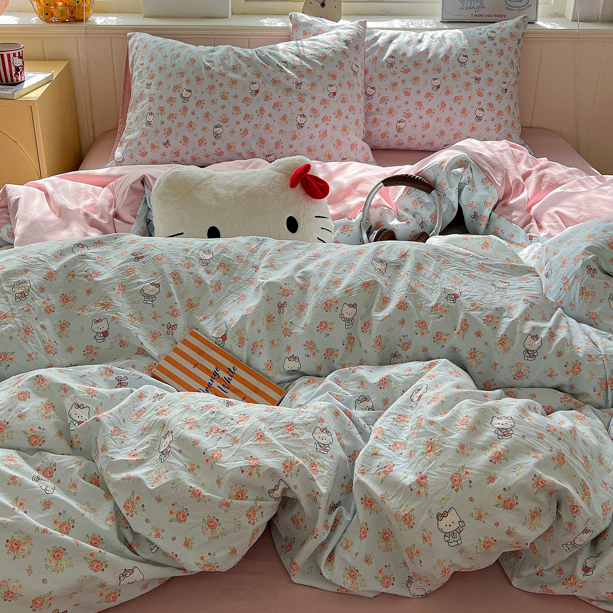 91家纺网 家纺一手货源 找家纺 凯洛奇 2026新款A类仿棉四件套古法水洗棉小清新印花四件套单被套系列 KT喵