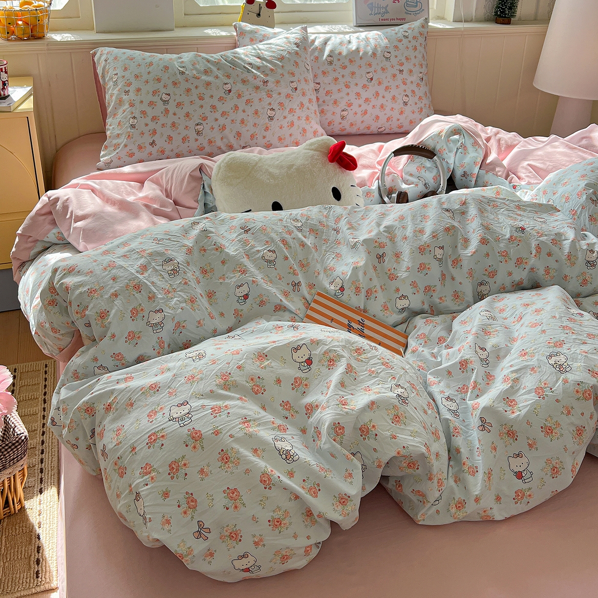 91家纺网 家纺一手货源 找家纺 凯洛奇 2026新款A类仿棉四件套古法水洗棉小清新印花四件套单被套系列 KT喵