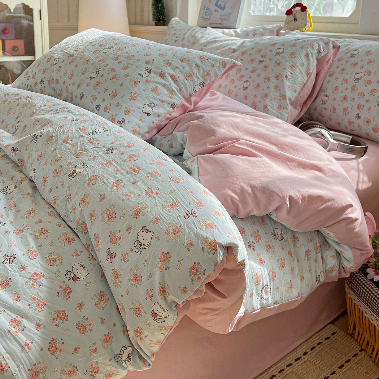 91家纺网 家纺一手货源 找家纺 凯洛奇 2026新款A类仿棉四件套古法水洗棉小清新印花四件套单被套系列 KT喵