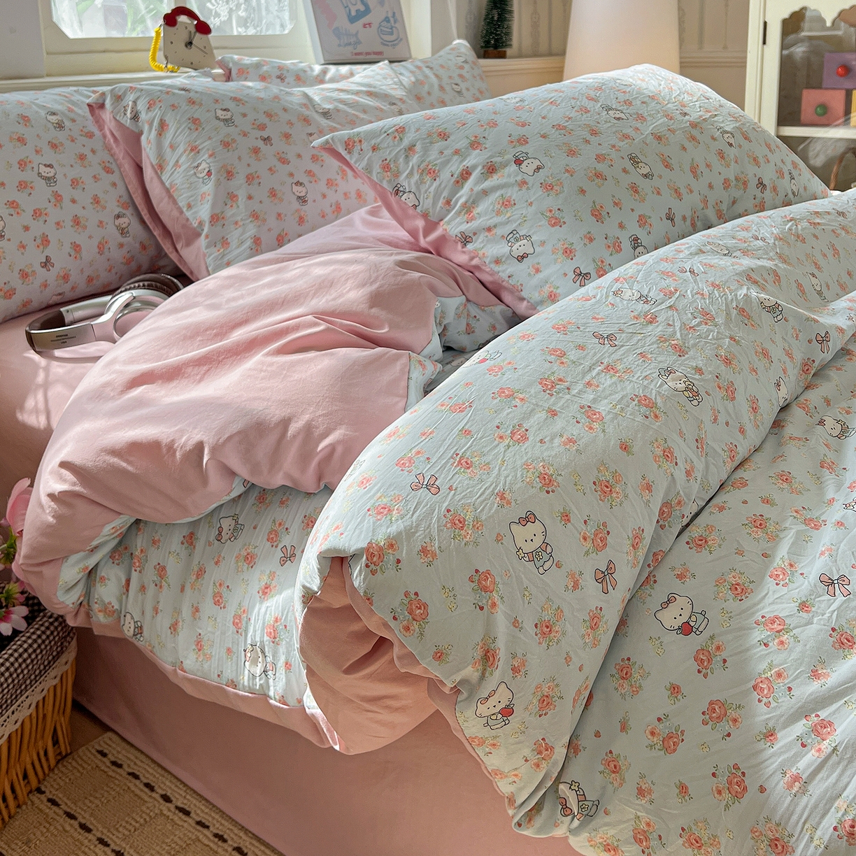 91家纺网 家纺一手货源 找家纺 凯洛奇 2026新款A类仿棉四件套古法水洗棉小清新印花四件套单被套系列 KT喵