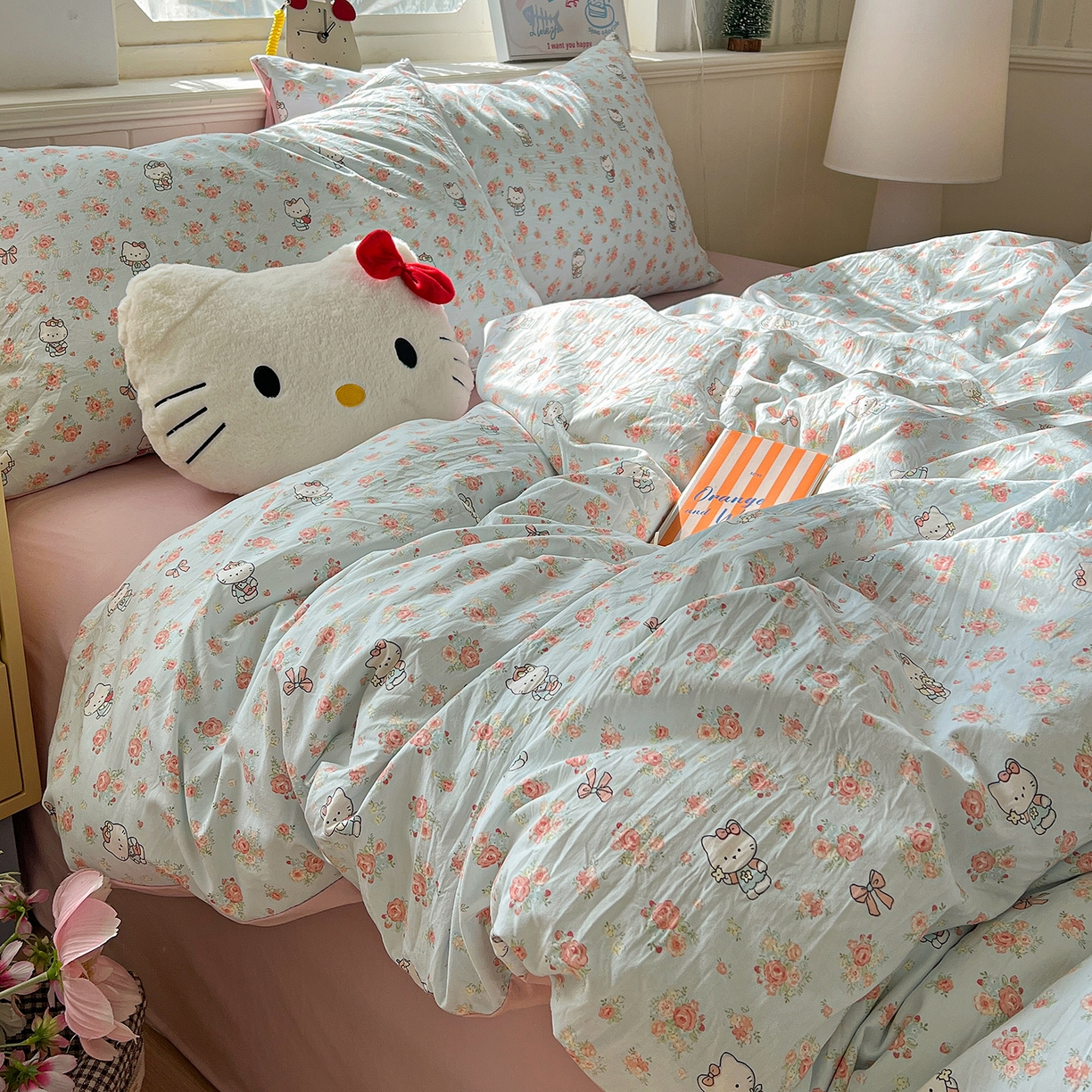 91家纺网 家纺一手货源 找家纺 凯洛奇 2026新款A类仿棉四件套古法水洗棉小清新印花四件套单被套系列 KT喵