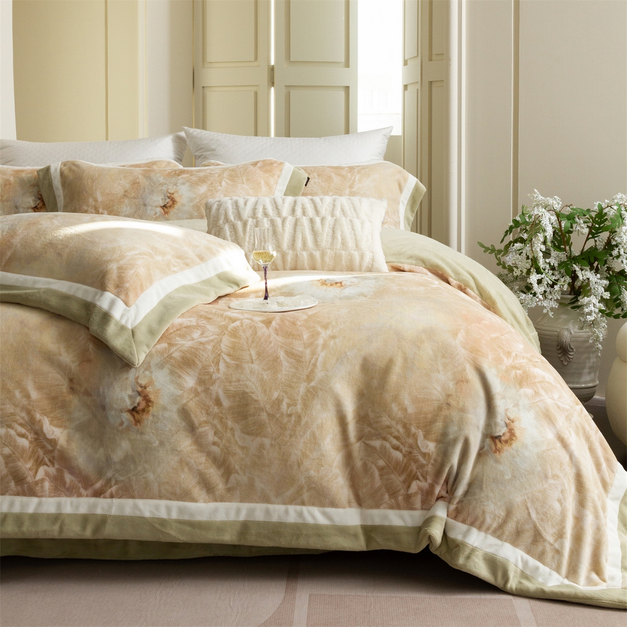 馨蕊 2025新款意大利进口雕花绒拼角工艺秋冬轻奢煦暖绒系列四件套-绒如初  会员-10【券后控价358/378】 绒如初-氧气绿