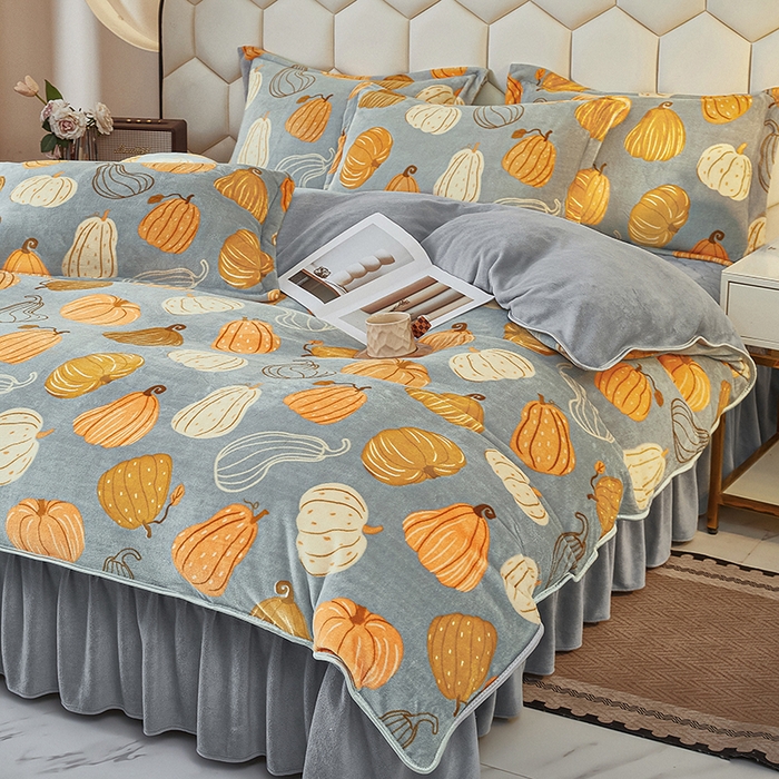 91家纺网 家纺一手货源 找家纺 凤杰家纺 2025新款高克重210克牛奶绒床盖四件套 富贵南瓜